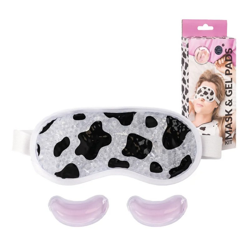 Set maschera da notte mucca regolabile e due patch per correggere le occhiaie, tutto adatto all'utilizzo caldo o freddo, per un'originalissima idea regalo donna